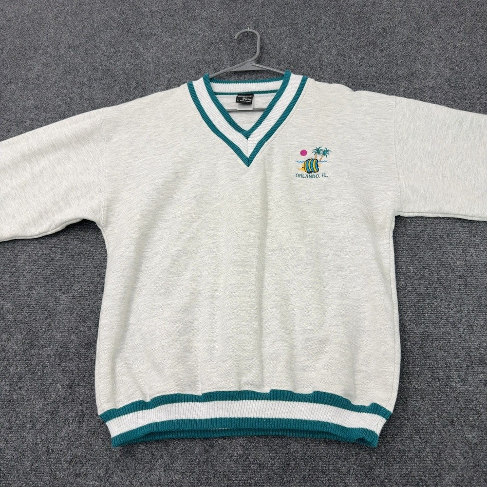 Vintage Orlando Needleworks Sweatshirt Medium Gray Cotton V Neck Retro Beach